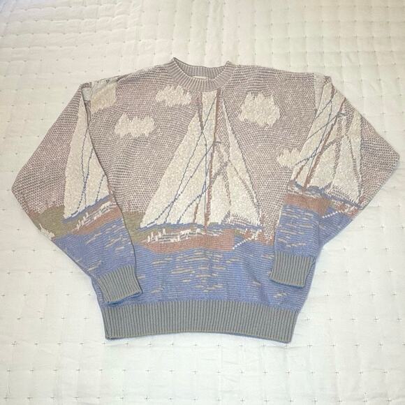 Vintage 90s Waterfront Workshop 3D Sweater Men's L | Pastel Sailboat Knit - Picture 1 of 11